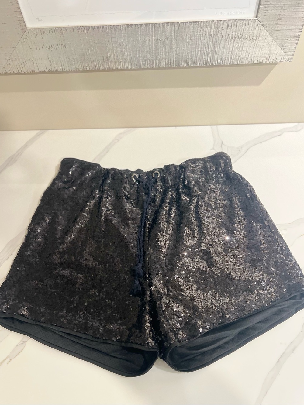 Black Sequin  Shorts Sparkly Elastic Waist Party Festival Disco Style -L